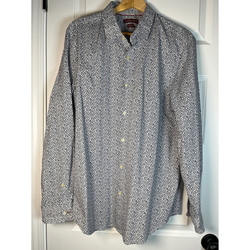 AXIST Mens Stretch Button Down Shirt Large Navy Blue White Geometric Print Large